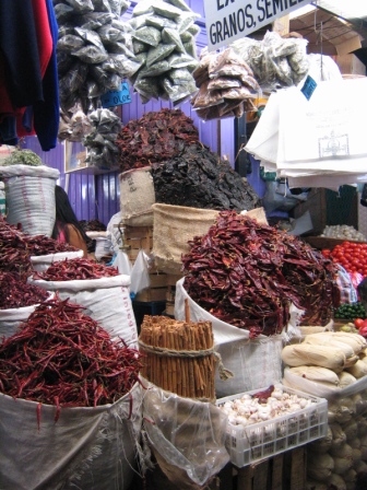 Sacks of chiles for sale at the Mercado Benito Juarez.